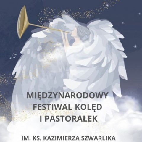Plakat Międzynarodowego Festiwalu Kolęd i Pastorałek, w tle widać anioła