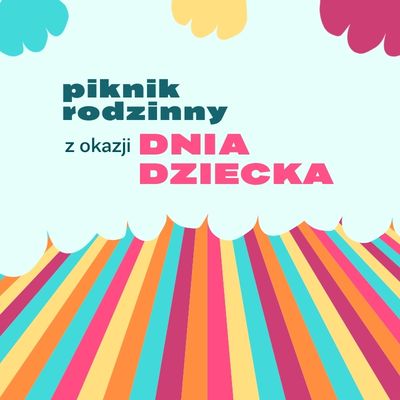 piknik rodzinny z okazji dnia dziecka, kolorowe linie wypadają z chmury.