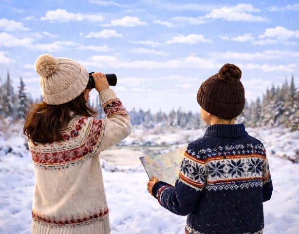 dwoje dzieci, w zimowych swetrach i czapkach. Dziewczynka patrzy przez lornetkę, chłopiec trzyma mapę. Dzieci są odwrócone tyłem. W tle zimowy krajobraz.