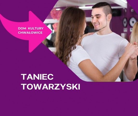 Na filoetowym tle tańcząca para, wskazuje na nich strzałka 