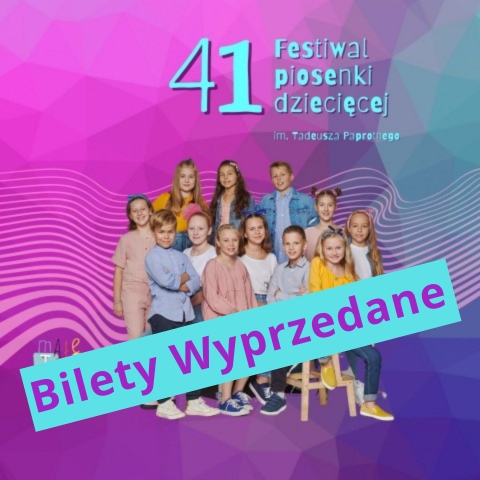 na fioletowym tle zdjęcie grupowe dziecięcego zespołu, logo małe TGD, 41 Festiwal Piosenki Dziecięcej im. Tadeusza Paprotnego