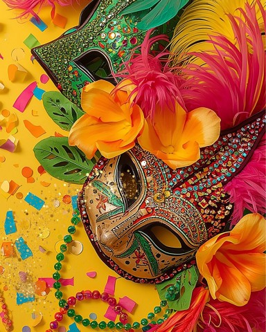 Maski, korale, konfetti, sztuczne kwiaty.