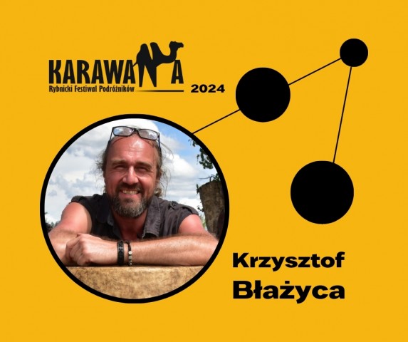 na żółty tle koła i linie, w największym zdjęcie mężczyzny, Krzysztof Błażyca