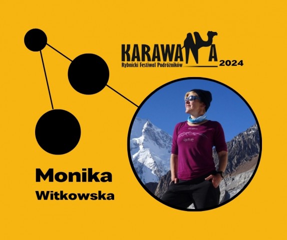 na żółtym tle czarne koła i linie, w dużym kole zdjęcie kobiety, Monika Witkowska