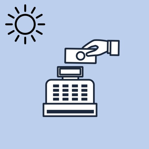 na niebieskim tle piktogram przedstawiający kasę i dłoń z banktotem oraz słońca
