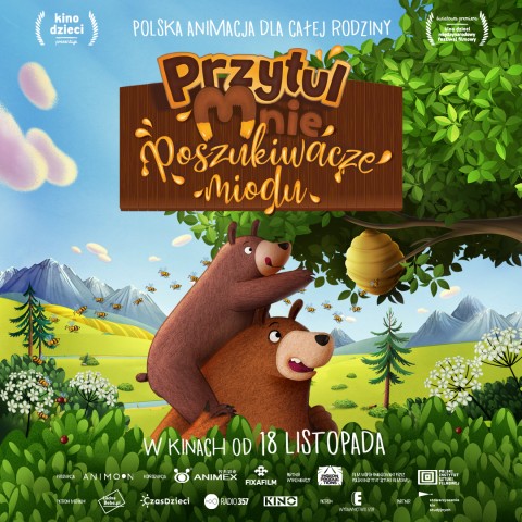 przytul mnie poszukiwacze miodu, dwa misie próbują dosięgnąć do ula 