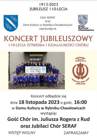 plakat koncertu jubileuszowego chóru seraf, w centrum zdjęcie chórzystów z jubileuszowym banerem.