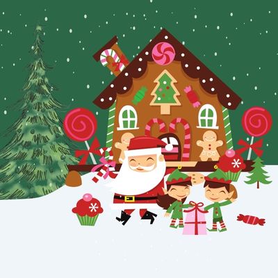 Mikołaj i elfy na tle chatki z piernika i choinki