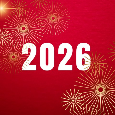 na czerwonym tle białe cyfry 2026, w lewym górnym rogu i w dolnym prawym koła z linii w kolorze złotym