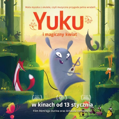 Plakat filmu Yuku i magiczny kwiat, grafika przedstawiająca zwierzęta w lesie. Myszka gra na ukulele.