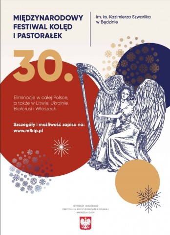 plakat festiwalu, po prawej grafika przedstawiająca anioła grającego na harfie. 