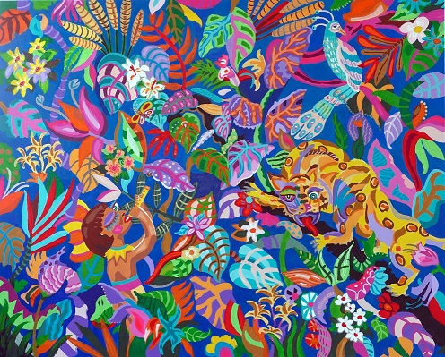 Obraz przedstawia kolorową dżunglę i kwiaty