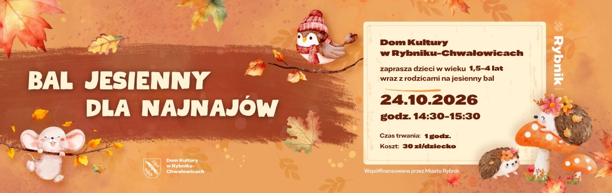 bal jesienny dla najnajów, 24.10.2026 grafika w odcieniach jesienni, muchomorki, jeże, ptaszki i myszki.