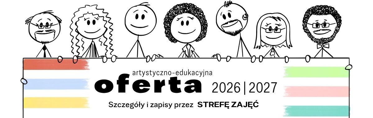 Baner przedstawia  siedem  osób narysowanych czarnym  konturem na białym tle, które trzymają biała kartkę z napisem.