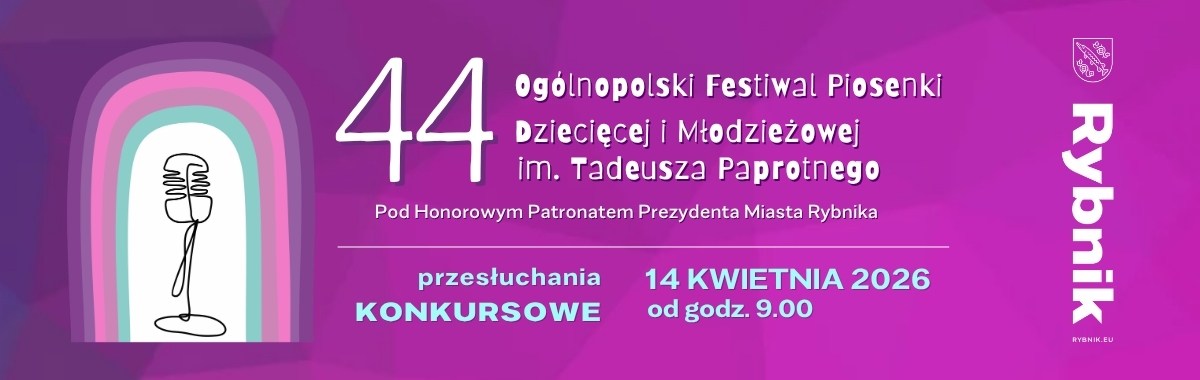 Baner w odcieniach fioletu, reklamujący 44 ogólnopolski Festiwal Piosenki Dziecięcej i Młodzieżowej im. Tadeusza Paprotnego.