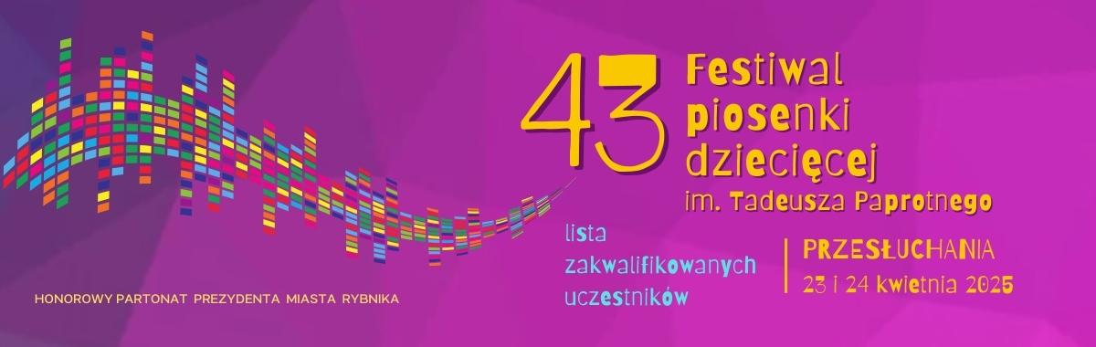43 festiwal piosenki dziecięcej lista zakwalifikowanych uczestników, fala z kolorowych prostokątów