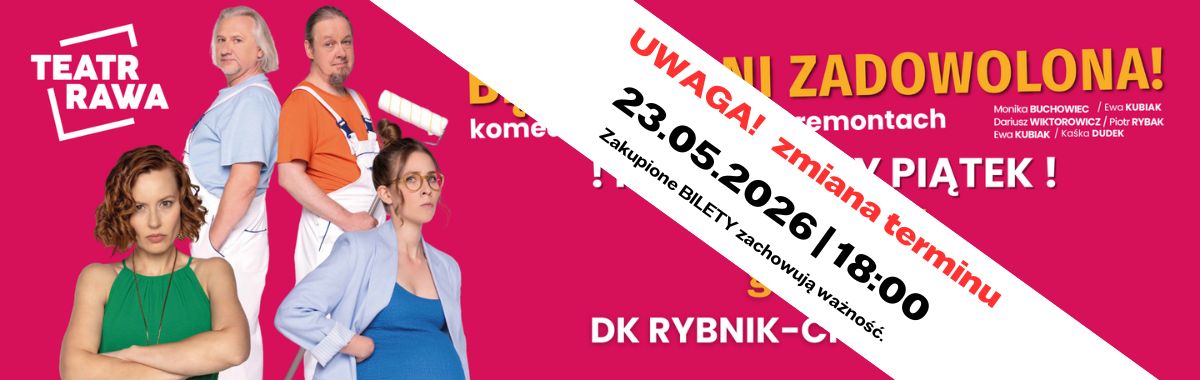 baner reklamujący spektakl  ze zmianą terminu 23.05.2026
