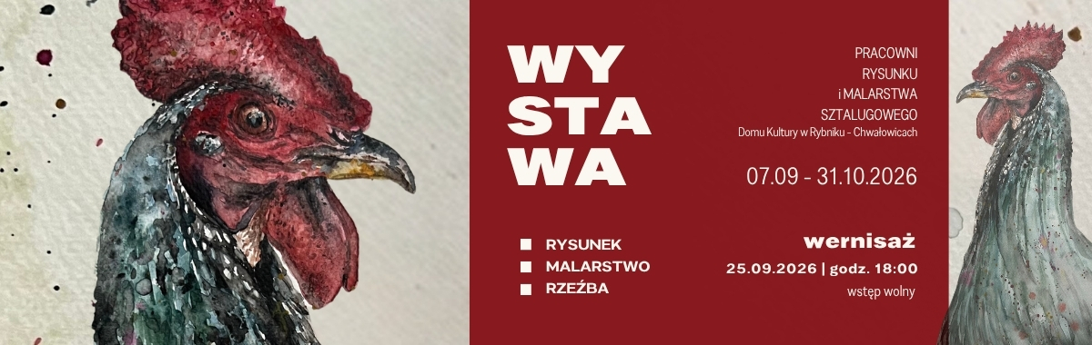 Baner przedstawia po lewej stronie głowę koguta a po prawej na bordowym tle tekst w białym kolorze na temat wydarzenia.i