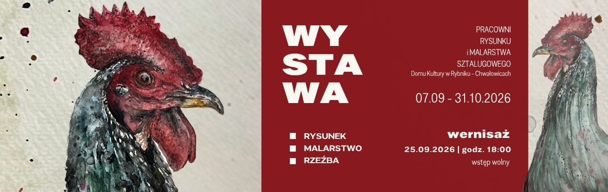 Baner przedstawia po lewej stronie głowę koguta a po prawej na bordowym tle tekst w białym kolorze na temat wydarzenia.i