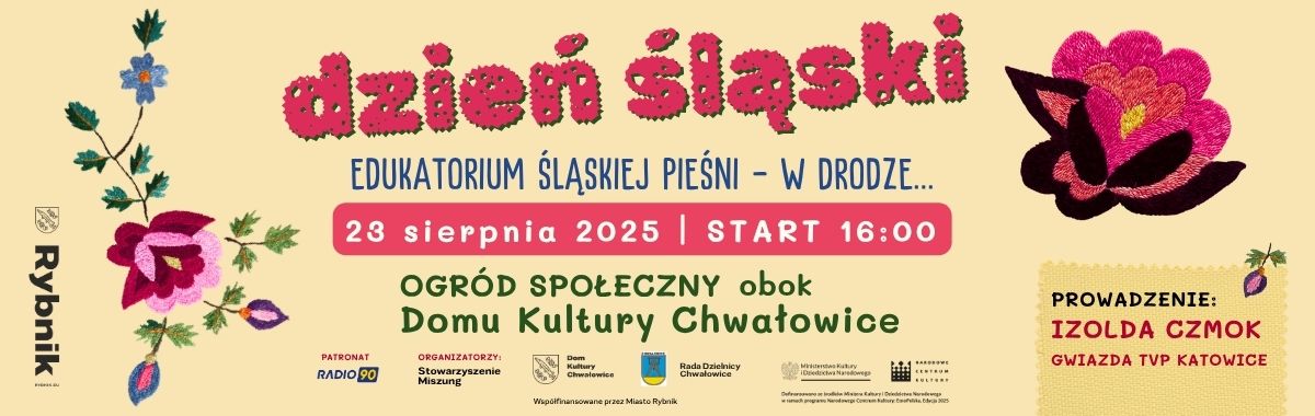 dzień śląski 23 sierpnia 2025 od 16:00 - tradycyjne, śląskie hafty kwiatowe okalają tekst