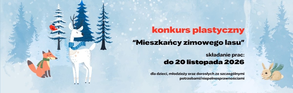 Baner w tonacji jasnoniebieskiej, po lewej stronie zwierzęta a w tle drzewa, a po prawej treść na temat konkursu.