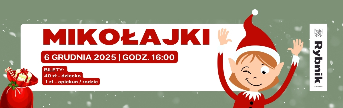 Szary baner, po prawej stronie postać skrzata, po lewej worek z prezentami.