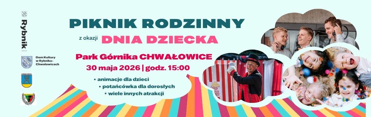 Na niebieskim tle treść o wydarzeniu, po prawej trzy fotografie a u dołu kolorowe paski.