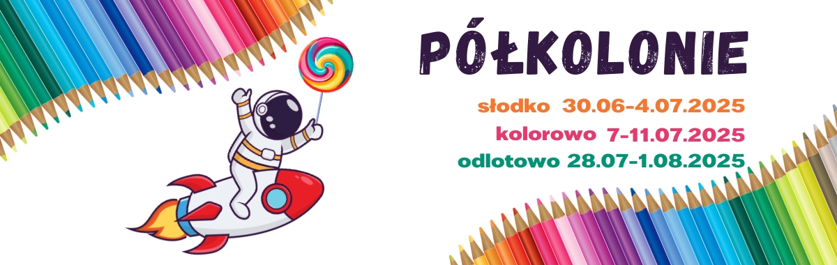 Grafika ma białe tło, wykończone na dwóch przeciwległych bokach tęczowymi ramkami. Baner przedstawia kosmonautę na rakiecie trzymającego kolorowy lizak w ręcę. 