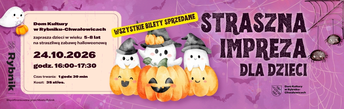 straszna impreza dla dzieci, 24.10.2026 na różowym tle uśmiechnięte dynie i duszki