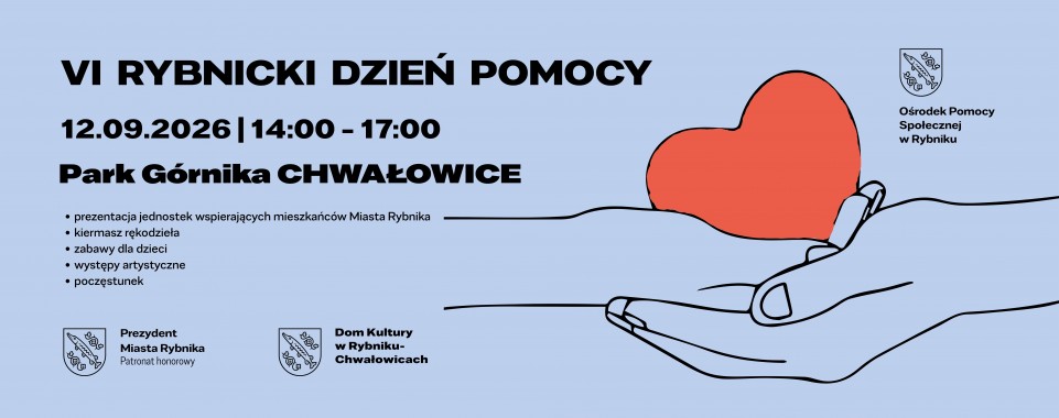 Na niebieskim tle czarny opis wydarzenia, po prawej grafika przedstawiająca dwie dłonie rtzymające  czerwone serce.
