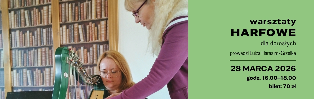 Po lewej stronie banera dwie postacie i harfa, po prawej opis.