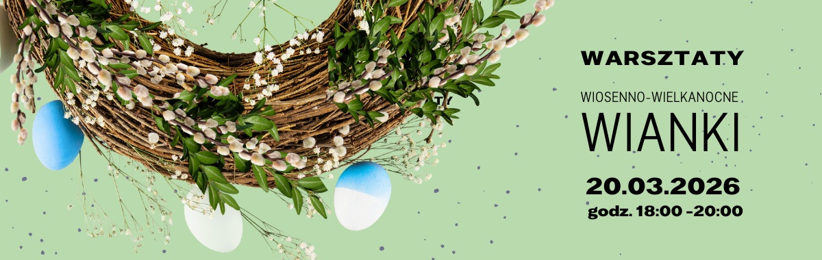 Baner w kolorze jasnej zieleni, po lewej przedstawia fragment wianka z bukszpanem i baziami, po prawej tekst.