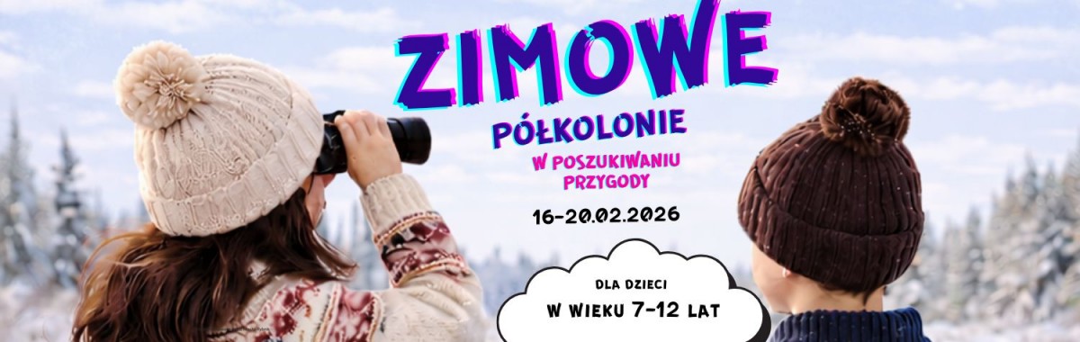 Baner w kolorze jasnego nieba,, w środku dwie postacie dzieci, jedna po lewej stronie patrzy przez lornetkę