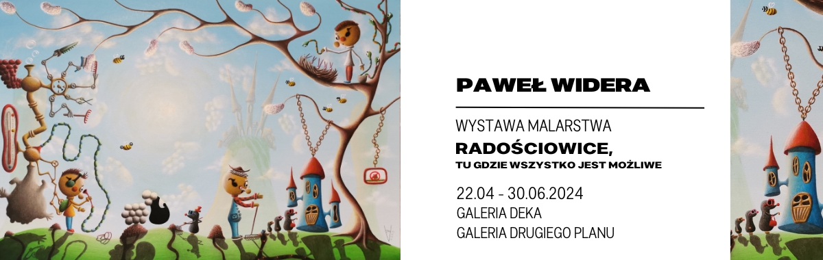 Paweł Widera wystawa malarstwa, na banerze fragment jednej z prac autora