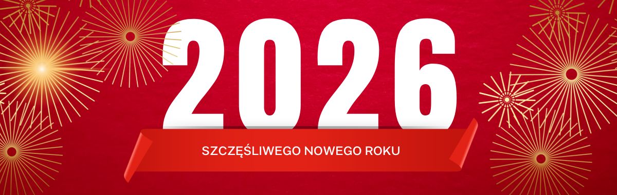 baner, 2026 , na czerwnej wstędze szczęśliwego nowego roku.Po bokach złote kręgi z kresek. Tło intenstywna czerwień